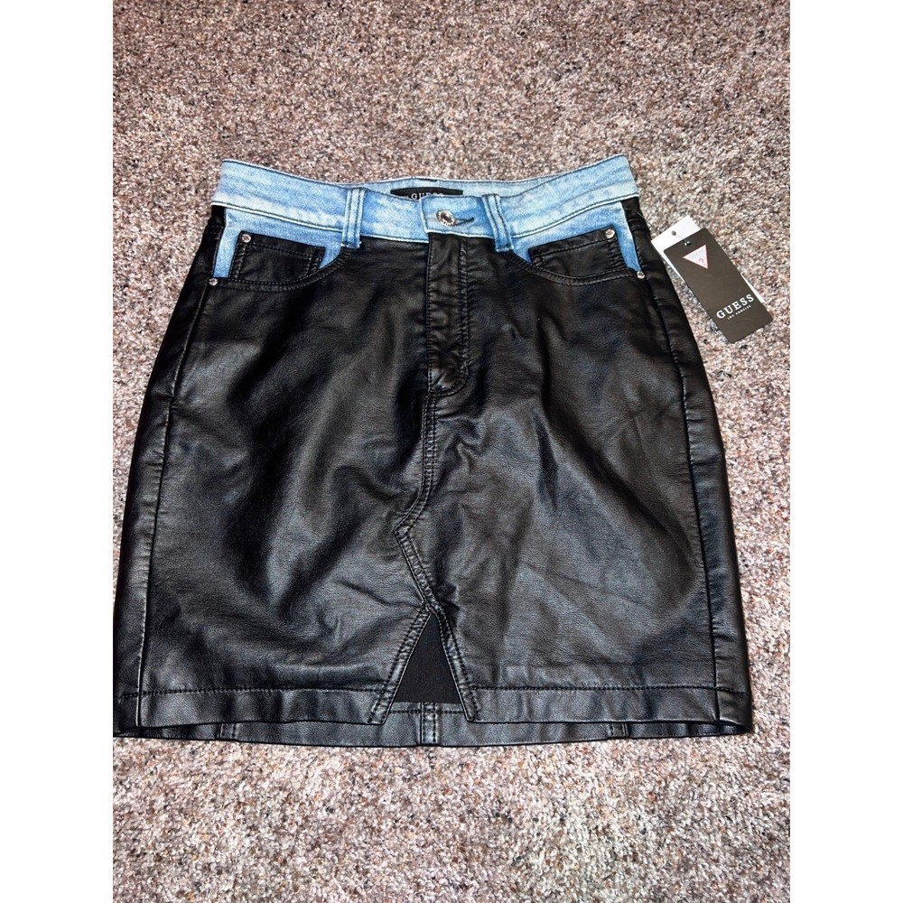 NWT Guess Tarra Rebel Denim and Faux Black Leather Mini Skirt